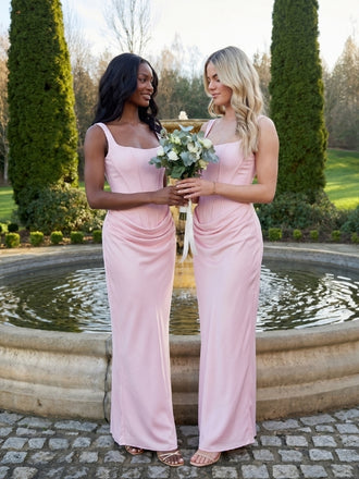 Blush Pink Satin Square Neck Corset Lace Up Prom Dress 26035