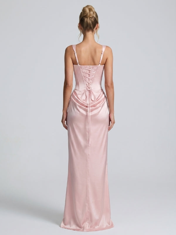 Blush Pink Satin Square Neck Corset Lace Up Prom Dress 26035