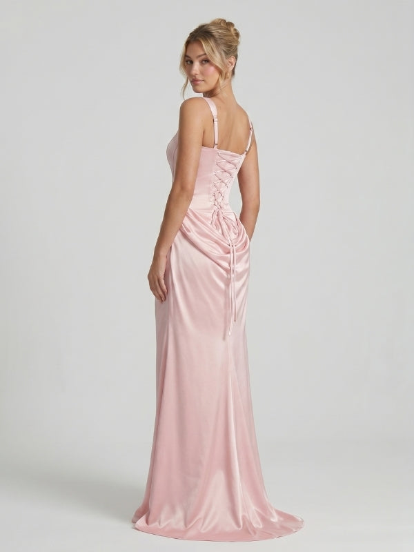 Blush Pink Satin Square Neck Corset Lace Up Prom Dress 26035