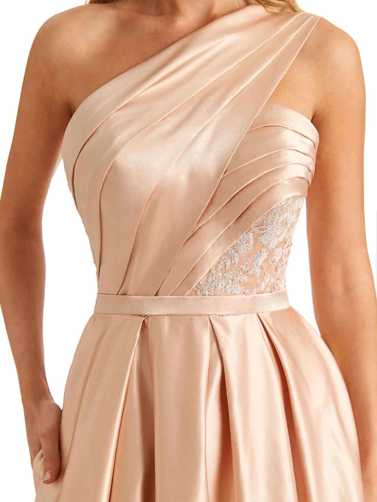 Champagne A-line One Shoulder High Slit Long Party Prom Dresses, Dance Dresses,12359