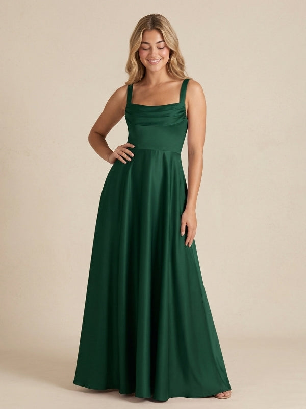 Dark Green Satin Wide Strap Cowl Neck A Line Bridesmaid Dress 26032