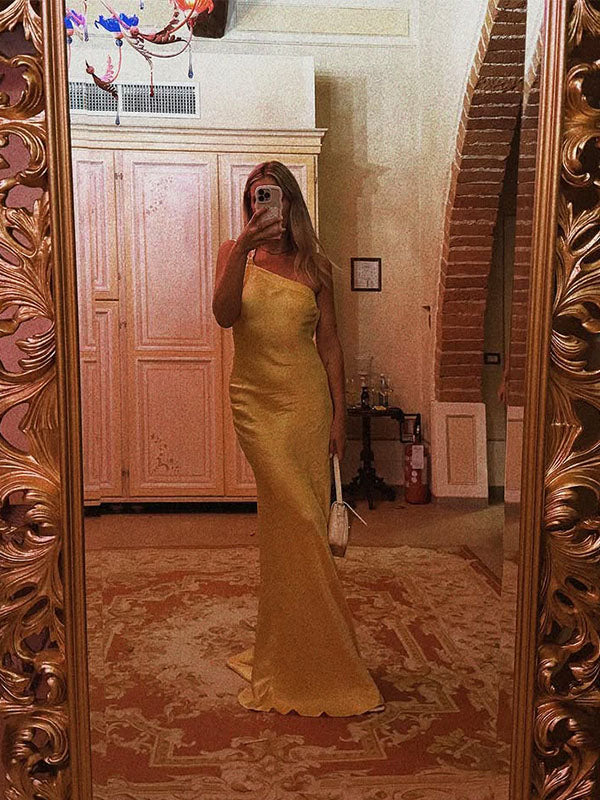 Sexy Yellow Mermaid One Shoulder Long Party Prom Dresses To Impress,Evening Dress,13553