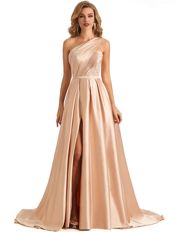 Champagne A-line One Shoulder High Slit Long Party Prom Dresses, Dance Dresses,12359