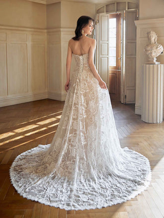 Elegant A-line Sweetheart Strapless Maxi Long Handmade Lace Wedding Dresses,WD805