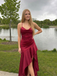 Elegant Cowl Neck Ruched Asymmetrical Slit Burgundy Satin Prom Dress, 26001
