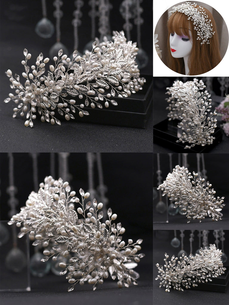 Elegant Handmade Wide Brimmed Rhinestone Pearl Leaf Headwear Accessories for Women, HP322