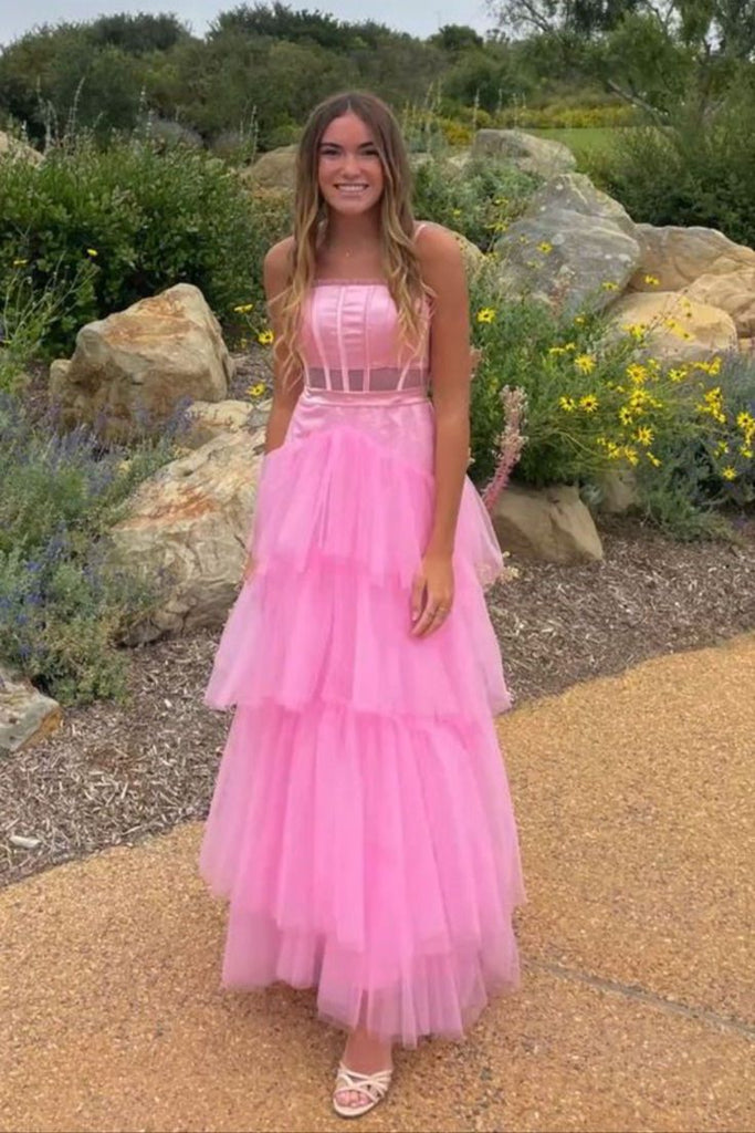 Elegant Pink A-line Spaghetti Straps Long Party Prom Dresses, Evening Dress,13165