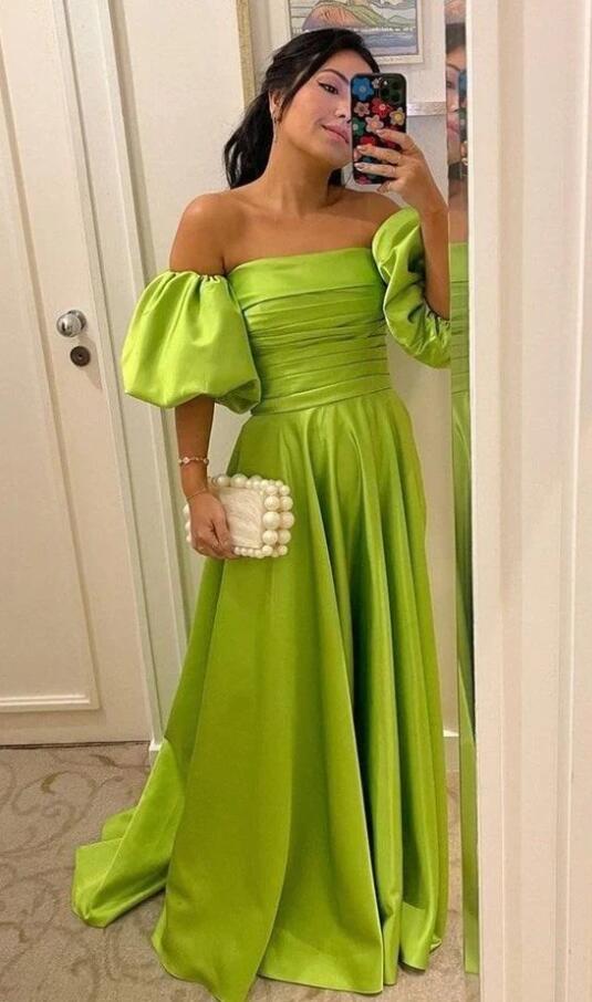 Pretty Green A-line Off Shoulder Long Party Prom Dresses To Impress,Evening Dress,13481