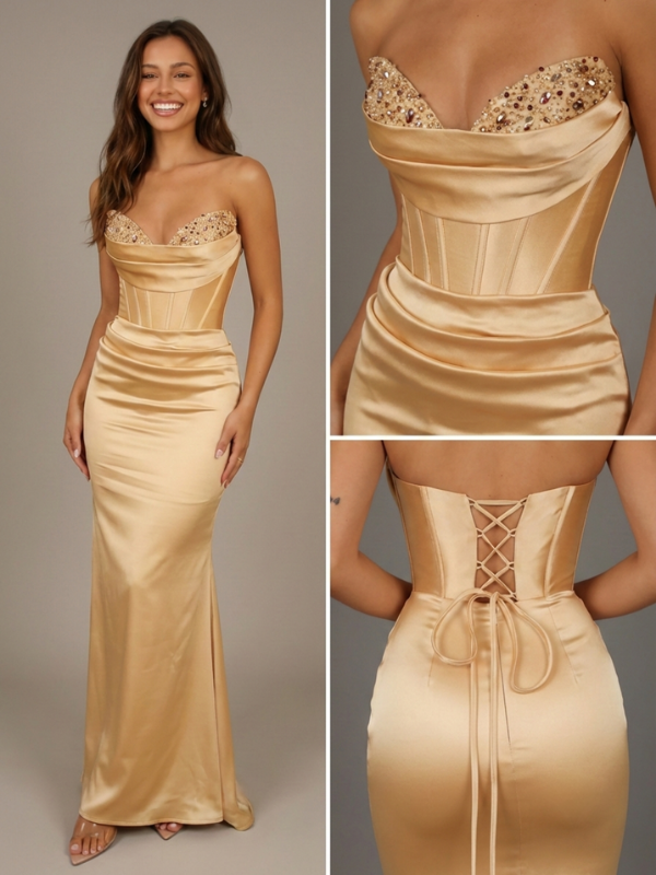 Gold Satin Beaded Corset Prom Dress Sweetheart Draped Evening Gown, 26005