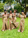 Gold Satin Off The Shoulder Corset High Slit Bridesmaid Dress 26034