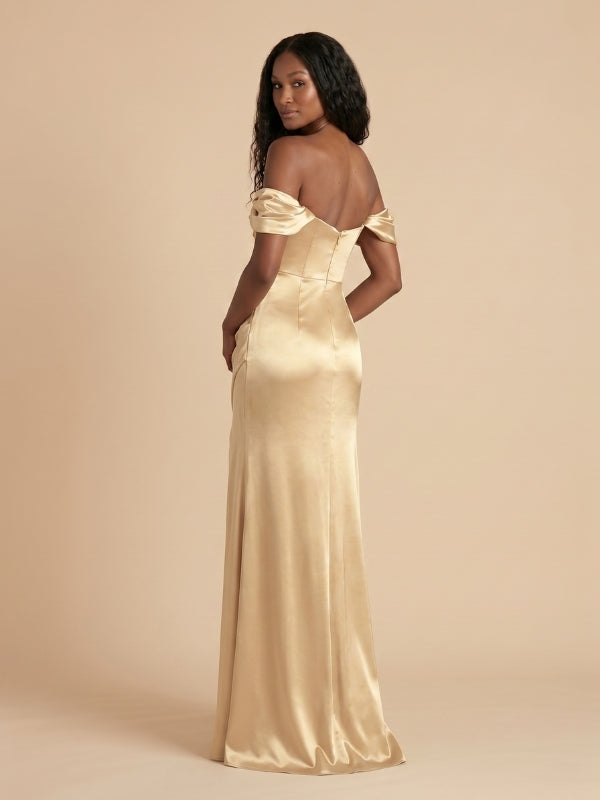 Gold Satin Off The Shoulder Corset High Slit Bridesmaid Dress 26034
