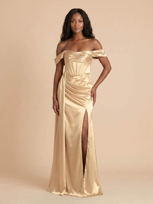 Gold Satin Off The Shoulder Corset High Slit Bridesmaid Dress 26034