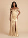 Gold Satin Off The Shoulder Corset High Slit Bridesmaid Dress 26034