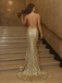 Gold Sequin V Neck Open Back Mermaid Prom Dress, 26019