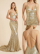 Gold Sequin V Neck Open Back Mermaid Prom Dress, 26019