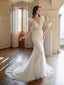 Gorgeous Mermaid Off White V-neck Maxi Long Handmade Lace Wedding Dresses,WD806