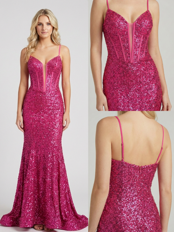 Hot Pink Sequin Prom Dress Plunge Corset Evening Gown, 26011