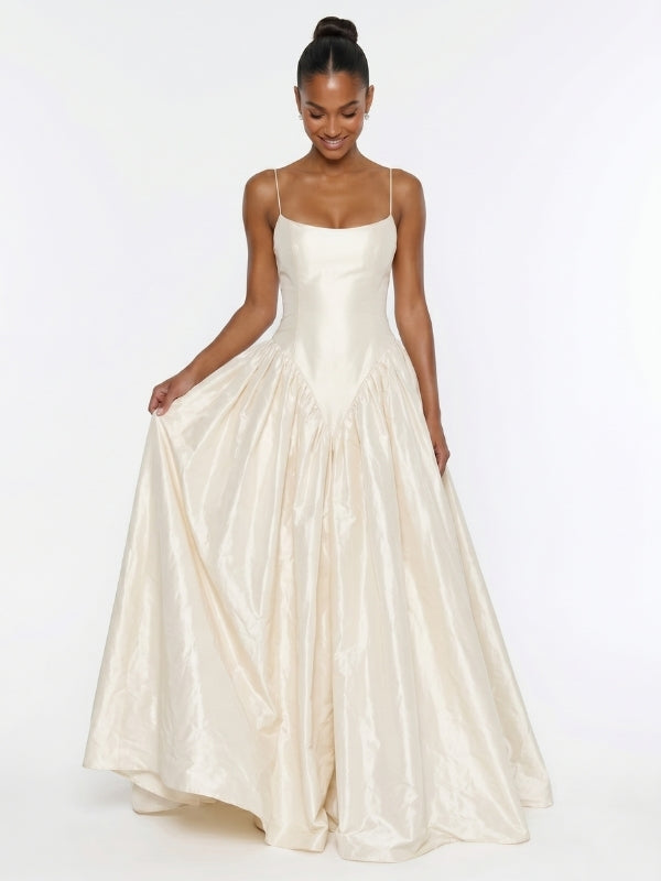 Ivory Taffeta Spaghetti Strap Basque Waist Corset Lace Up Wedding Dress 26040