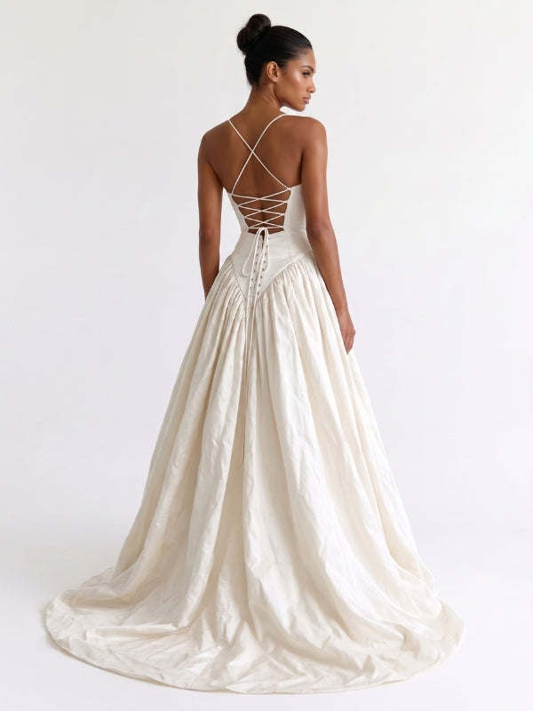 Ivory Taffeta Spaghetti Strap Basque Waist Corset Lace Up Wedding Dress 26040