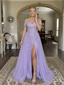 Lavender Sequin Tulle Off Shoulder Ruched Slit A Line Prom Dress, 26021
