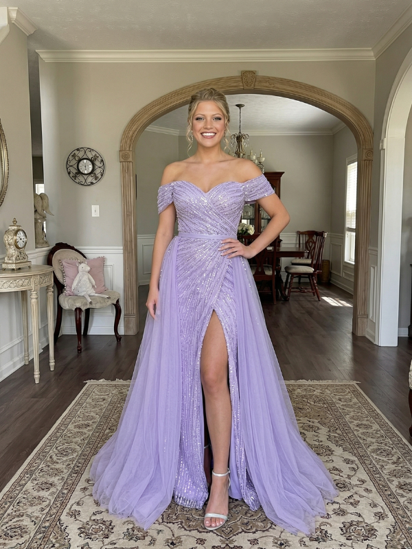 Lavender Sequin Tulle Off Shoulder Prom Dress | LoverBridal Lavender Sequin Tulle Off Shoulder Prom Dress | LoverBridal