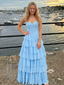 Light Blue Chiffon Tiered Prom Dress Strapless Satin Corset Gown, 26009