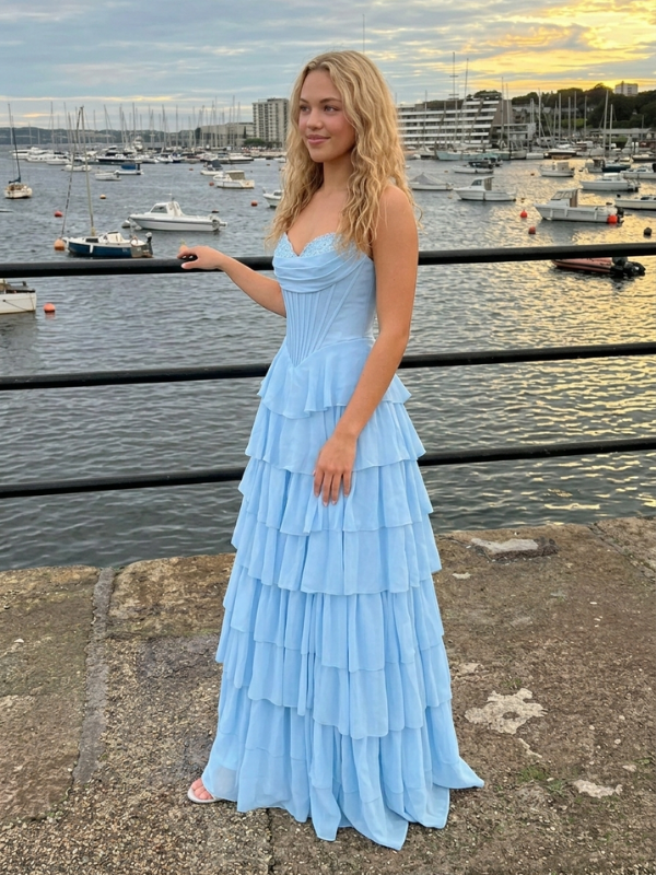 Light Blue Chiffon Tiered Prom Dress Strapless Satin Corset Gown, 26009