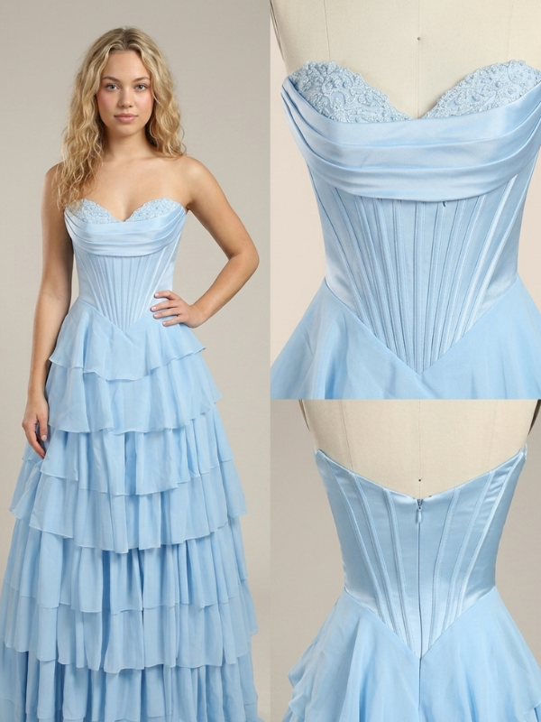 Light Blue Chiffon Tiered Prom Dress Strapless Satin Corset Gown, 26009