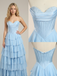Light Blue Chiffon Tiered Prom Dress Strapless Satin Corset Gown, 26009