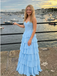 Light Blue Chiffon Tiered Prom Dress Strapless Satin Corset Gown, 26009