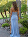 Light Blue Satin Strapless Slit A Line Appliqué Prom Dress, 26027