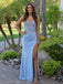 Light Blue Satin Strapless Slit A Line Appliqué Prom Dress, 26027