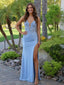 Light Blue Satin Strapless Slit A Line Appliqué Prom Dress, 26027