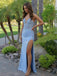 Light Blue Satin Strapless Slit A Line Appliqué Prom Dress, 26027