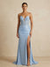 Light Blue Satin Strapless Slit A Line Appliqué Prom Dress, 26027