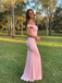 Light Pink Off Shoulder Ruched Mermaid Satin Prom Dress Evening Gown, 26014