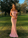 Light Pink Off Shoulder Ruched Mermaid Satin Prom Dress Evening Gown, 26014