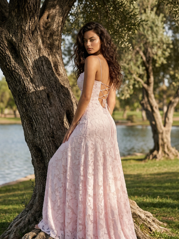 Light Pink Textured Floral Square Neck Lace Up A Line Prom Dress, 26015