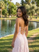 Light Pink Textured Floral Square Neck Lace Up A Line Prom Dress, 26015