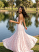 Light Pink Textured Floral Square Neck Lace Up A Line Prom Dress, 26015