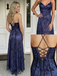 Navy Blue Floral Tulle Prom Dress Halter-Neck Lace-Up Back Evening Gown, 26007