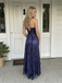 Navy Blue Floral Tulle Prom Dress Halter-Neck Lace-Up Back Evening Gown, 26007