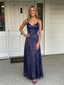 Navy Blue Floral Tulle Prom Dress Halter-Neck Lace-Up Back Evening Gown, 26007