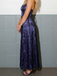 Navy Blue Floral Tulle Prom Dress Halter-Neck Lace-Up Back Evening Gown, 26007