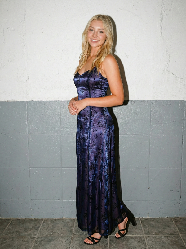 Navy Blue Floral Tulle Prom Dress Halter-Neck Lace-Up Back Evening Gown, 26007