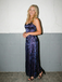 Navy Blue Floral Tulle Prom Dress Halter-Neck Lace-Up Back Evening Gown, 26007