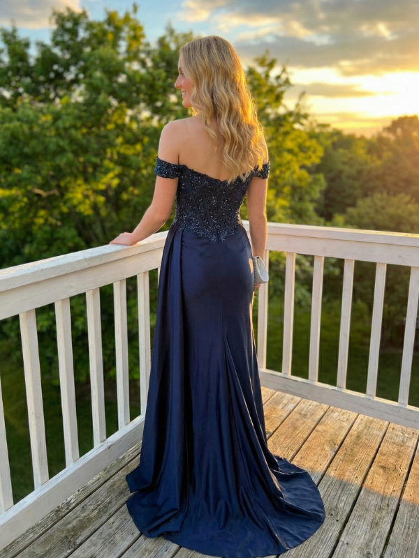 Navy Blue Satin Off Shoulder Sequin Corset Prom Dress, 26010