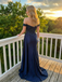 Navy Blue Satin Off Shoulder Sequin Corset Prom Dress, 26010