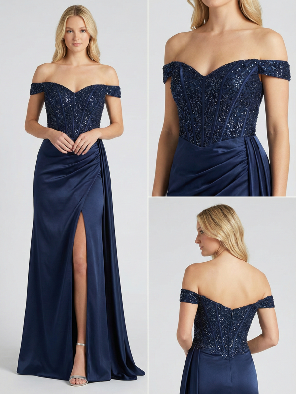 Navy Blue Satin Off Shoulder Sequin Corset Prom Dress, 26010