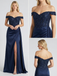 Navy Blue Satin Off Shoulder Sequin Corset Prom Dress, 26010